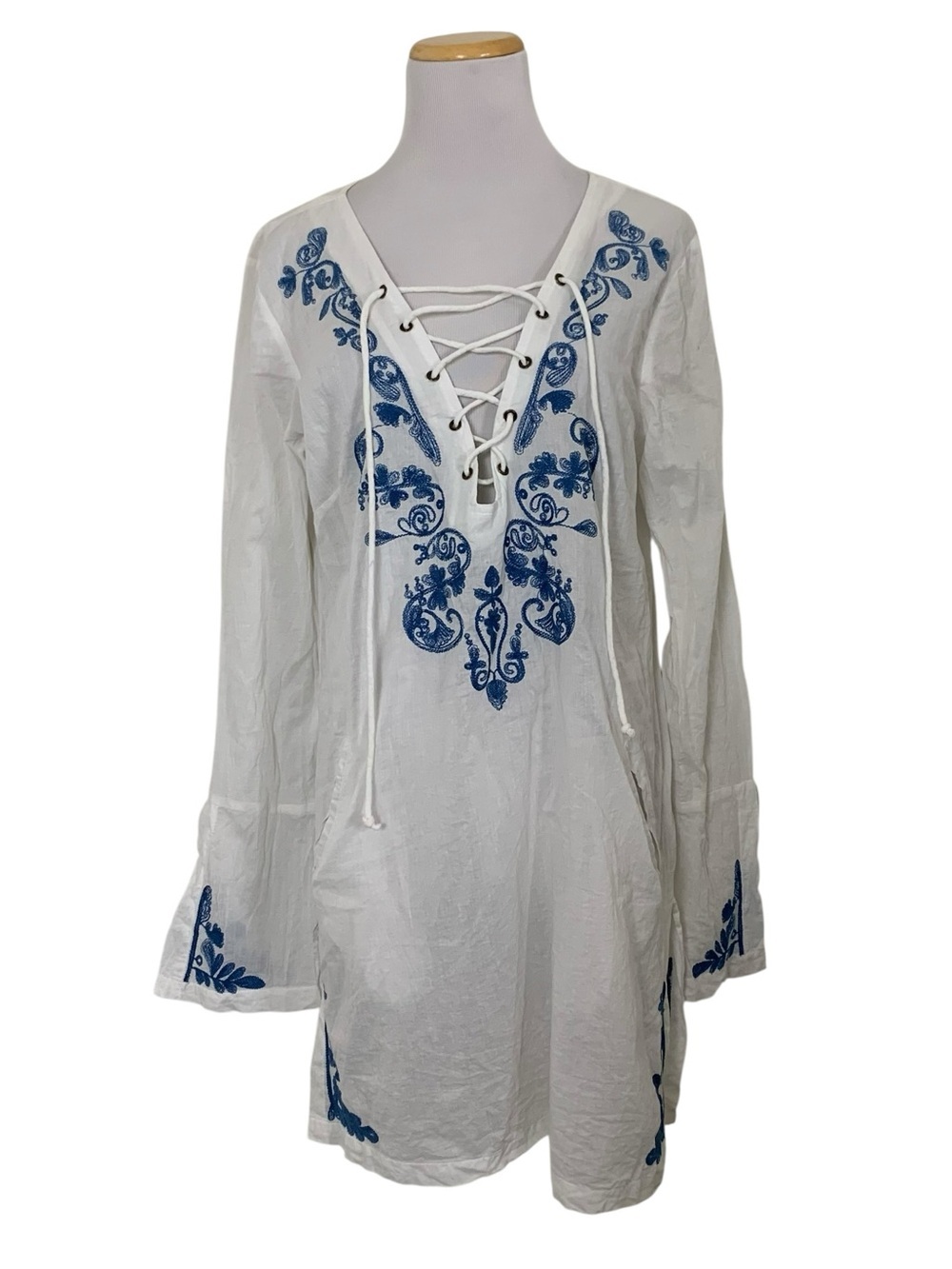 Marrakech Gauzy Cotton Embroidered Swim Coverup Women’s L Fits M Boho Blue